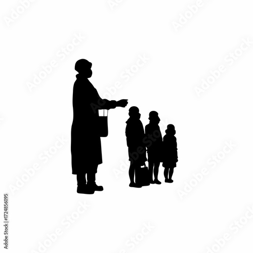 Lab worker guiding patients in line for sample collection silhouette isolated on white background