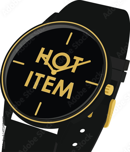 Sleek black wristwatch with 'HOT ITEM' text on dial, symbolizing urgency and demand.