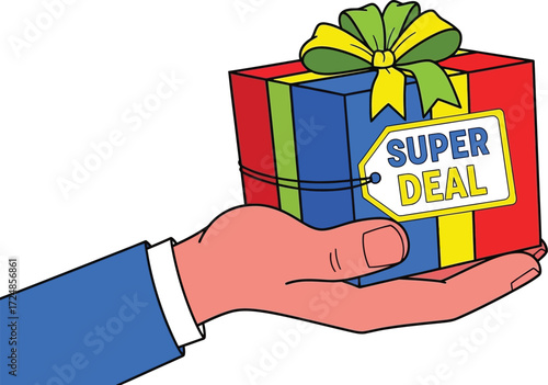 Hand offering a colorful gift box with a 'Super Deal' tag, symbolizing a special offer or promotion.