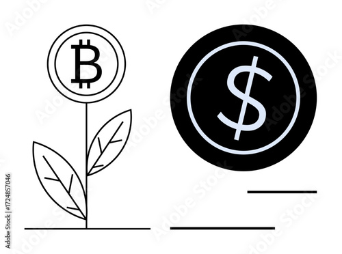 Bitcoin flower growing with leaves alongside a black dollar coin. Ideal for finance, cryptocurrency, investment, growth, innovation, economy, technology themes. A simple flat metaphor
