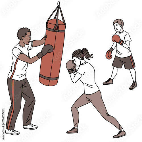 Set of people punching box, fighting sparring partner and hitting boxing bows in trainer hands