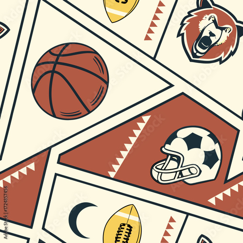 College athletic department sporting elements patchwork vintage vector seamless pattern for children kid sport wear fabric t shirt sweatshirt pajamas