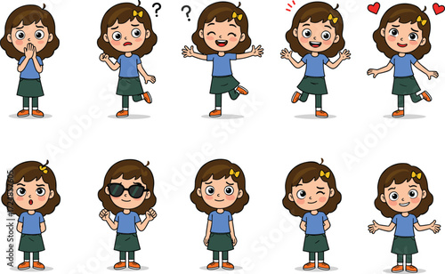 Cartoon girl character showing emotions, happy, sad, love, confused, surprised, playful, expressive poses, kids illustration, emotional expressions for design
