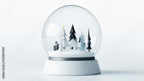 Christmas season begins. Christmas snow globe winter scene with pine tree, house, snow, festive holiday atmosphere, white background, miniature