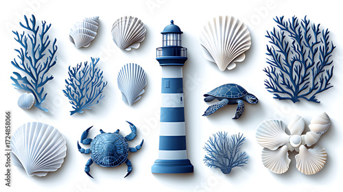 Ocean-Themed Objects on Pure White Background: White-Blue Lighthouse, Shells, Blue Coral, Crab & Turtle, Minimalist Style