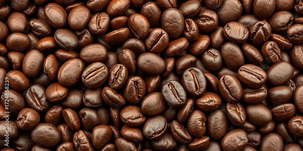 Fototapeta premium Close-up of roasted coffee beans, rich brown tones, showing texture and detail, close-up, template