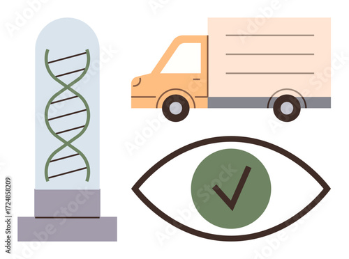 DNA helix in a glass tube, truck for transport, eye with checkmark for approval. Ideal for science, biotechnology, logistics, medical research, quality control healthcare innovation. Simple flat
