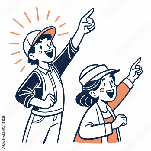 Happy characters pointing at you with inviting hand gesture. Smiling people choosing, recruiting, hiring, wanting with finger, indicating choice. Flat vector illustration isolated on white background