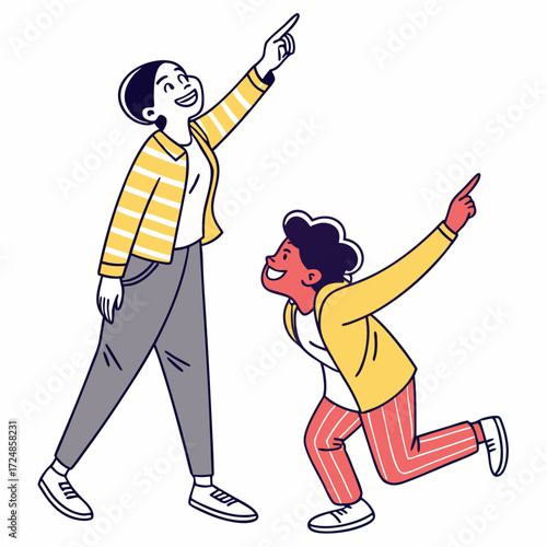 Happy characters pointing at you with inviting hand gesture. Smiling people choosing, recruiting, hiring, wanting with finger, indicating choice. Flat vector illustration isolated on white background