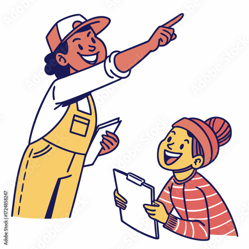 Happy characters pointing at you with inviting hand gesture. Smiling people choosing, recruiting, hiring, wanting with finger, indicating choice. Flat vector illustration isolated on white background