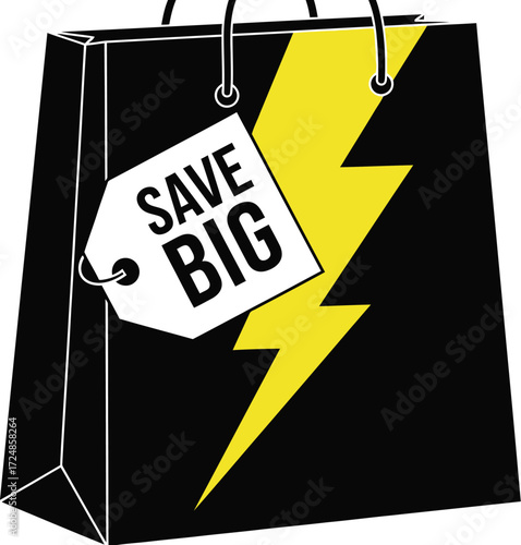 Bold shopping bag with "Save Big" tag and vibrant lightning bolt graphic, promoting sales and discounts.