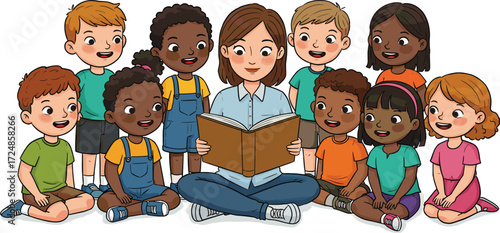 Teacher reading storybook to diverse children, kids sitting on floor, classroom education, learning together, happy students listening, preschool storytime activity
