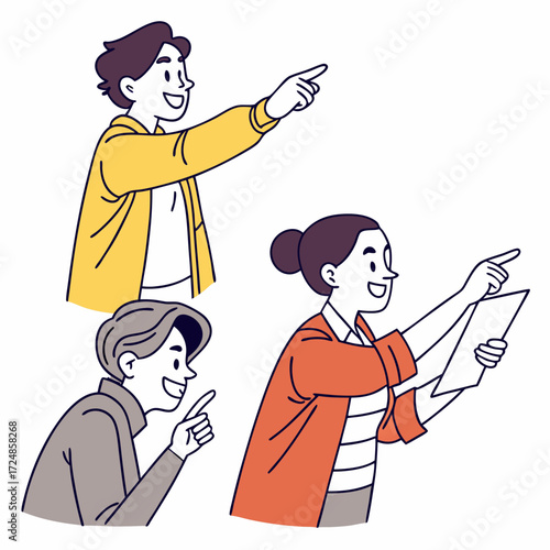 Happy characters pointing at you with inviting hand gesture. Smiling people choosing, recruiting, hiring, wanting with finger, indicating choice. Flat vector illustration isolated on white background