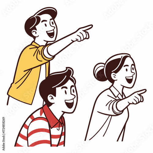 Happy characters pointing at you with inviting hand gesture. Smiling people choosing, recruiting, hiring, wanting with finger, indicating choice. Flat vector illustration isolated on white background