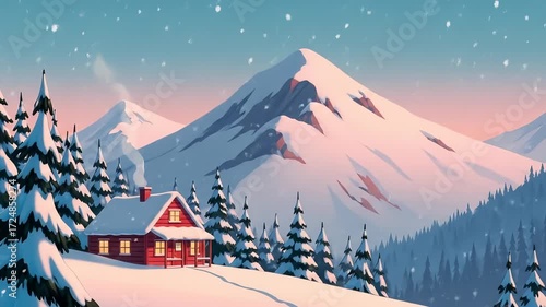 Christmas season begins. Christmas cabin nestled among snowy mountain landscape with pine tree forest and falling snow creating peaceful winter