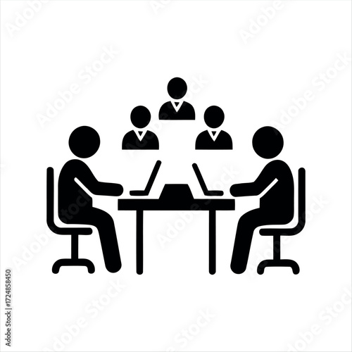 Black glyph meeting icon with white background. Minimalist vector illustration showing group discussion, ideal for teamwork, office, business presentations, and corporate collab