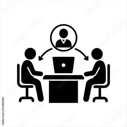 Black glyph meeting icon with white background. Minimalist vector illustration showing group discussion, ideal for teamwork, office, business presentations, and corporate collab