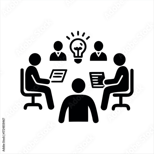Black glyph meeting icon with white background. Minimalist vector illustration showing group discussion, ideal for teamwork, office, business presentations, and corporate collab