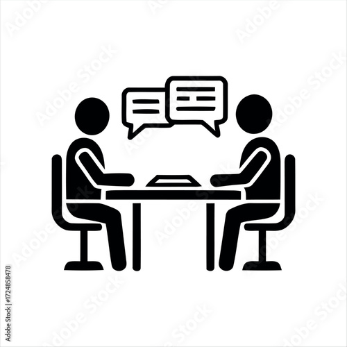 Black glyph meeting icon with white background. Minimalist vector illustration showing group discussion, ideal for teamwork, office, business presentations, and corporate collab