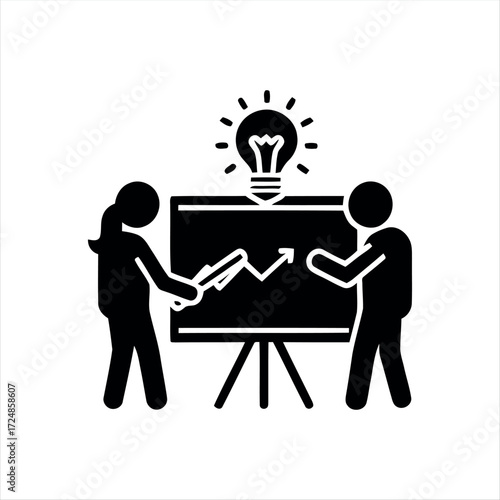 Black glyph meeting icon with white background. Minimalist vector illustration showing group discussion, ideal for teamwork, office, business presentations, and corporate collab