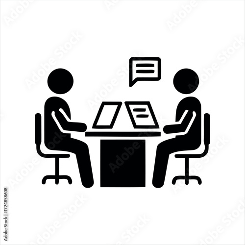 Black glyph meeting icon with white background. Minimalist vector illustration showing group discussion, ideal for teamwork, office, business presentations, and corporate collab