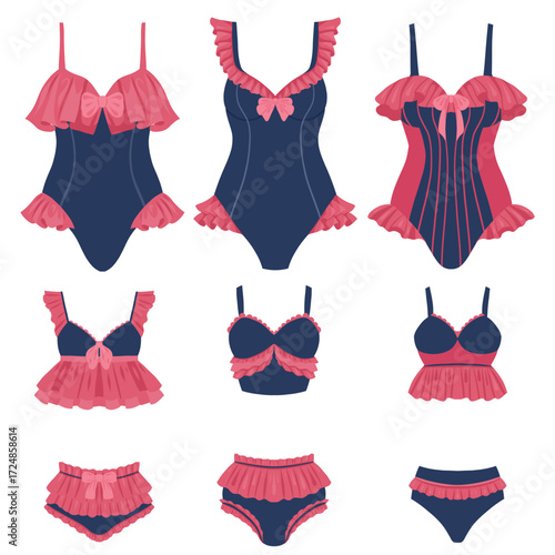 Vector summer set of retro swimsuits isolated from background. Collection of vintage swimwear in pastel colors