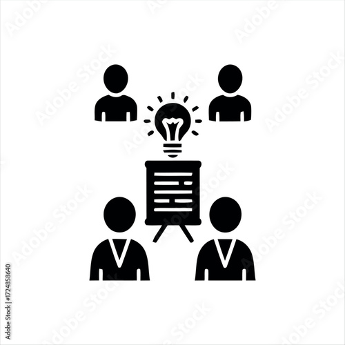 Black glyph meeting icon with white background. Minimalist vector illustration showing group discussion, ideal for teamwork, office, business presentations, and corporate collab