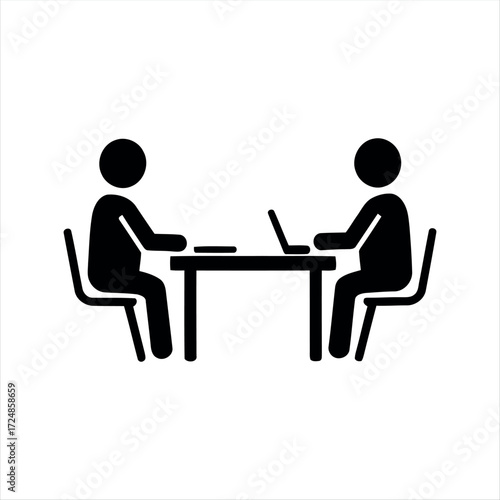 Black glyph meeting icon with white background. Minimalist vector illustration showing group discussion, ideal for teamwork, office, business presentations, and corporate collab