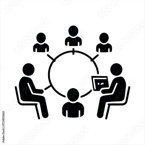 Black glyph meeting icon with white background. Minimalist vector illustration showing group discussion, ideal for teamwork, office, business presentations, and corporate collab
