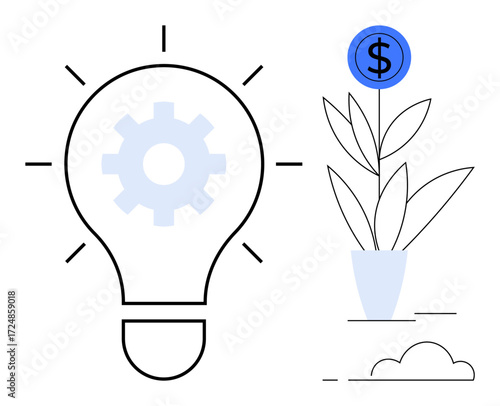 Light bulb with gear inside representing innovation and money plant symbolizing financial growth. Ideal for business, entrepreneurship, creativity, investment, strategy, ideas, success. A simple flat