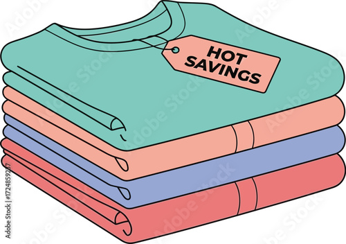 Stack of colorful folded t-shirts with a "Hot Savings" tag, perfect for sale promotions and retail concepts.