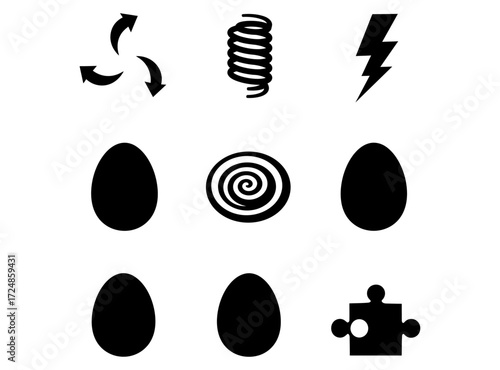 Assorted Black Shapes Arrangement Eggs, Lightning, Puzzle, Spring, Swirls and Rotation