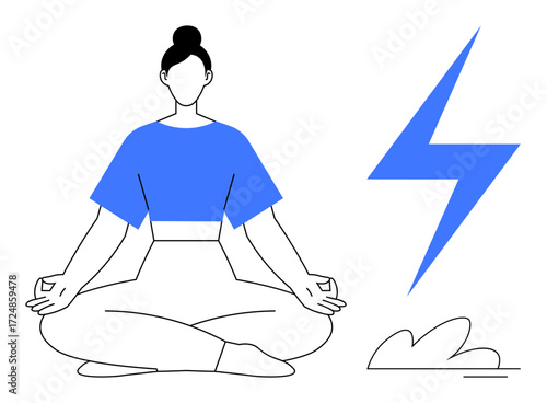 Woman seated in lotus pose practicing meditation, lightning bolt signifying energy, and small cloud for serenity. Ideal for wellness, mindfulness, energy balance, stress relief, health, spirituality
