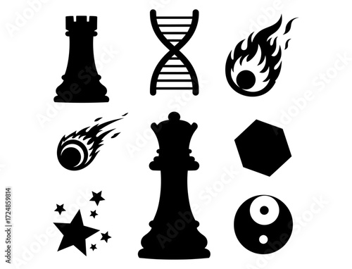 Diverse collection of silhouette chess pieces, celestial bodies, and symbols for creative design