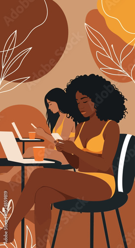 In a warm, earth-toned illustration, two women sit in a modern cafe, each absorbed in the quiet, digital world of her own screen.