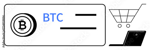 Bitcoin logo and abbreviation next to a simplified card, accompanied by a shopping cart and laptop. Ideal for cryptocurrency, payment systems, digital wallets, fintech, e-commerce, innovation, simple