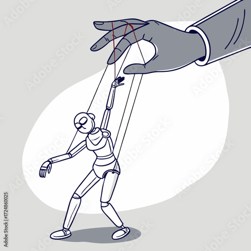A hand controls a puppet with strings, symbolizing manipulation and control