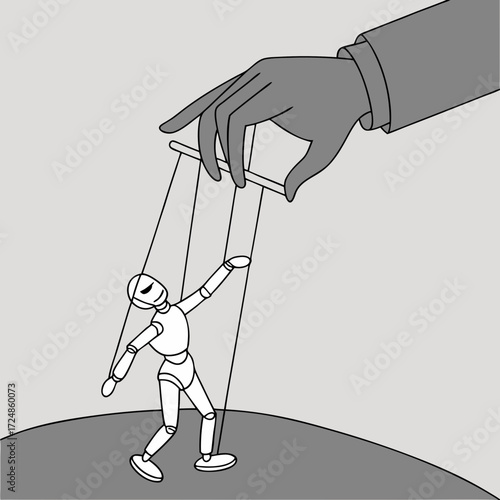 A hand controls a puppet with strings, symbolizing manipulation and control