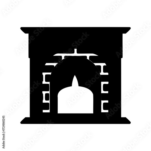 Stylized illustration of a fireplace with candle, depicted as a monochrome silhouette