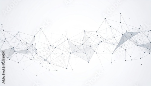 Abstract network of interconnected nodes and lines against a white background, creating a modern and technological aesthetic