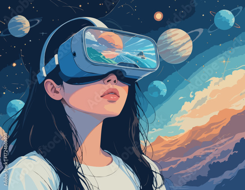 Vector illustration of a woman using virtual reality glasses. The planets and the stars next to her. The concept of modern technology and new experience