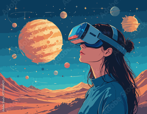 Vector illustration of a woman using virtual reality glasses. The planets and the stars next to her. The concept of modern technology and new experience