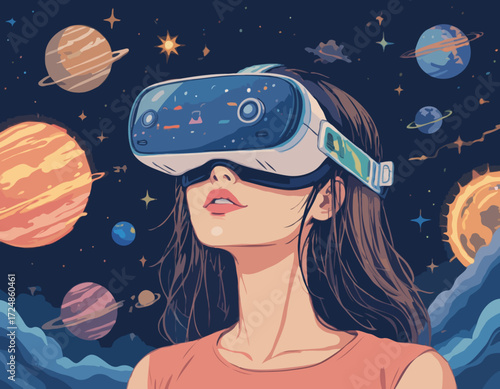 Vector illustration of a woman using virtual reality glasses. The planets and the stars next to her. The concept of modern technology and new experience