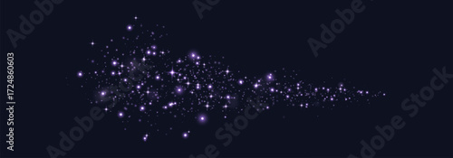 Purple glittering dots, particles, stars magic sparks. Glow flare light effect. Violet luminous points. Vector particles on black background.