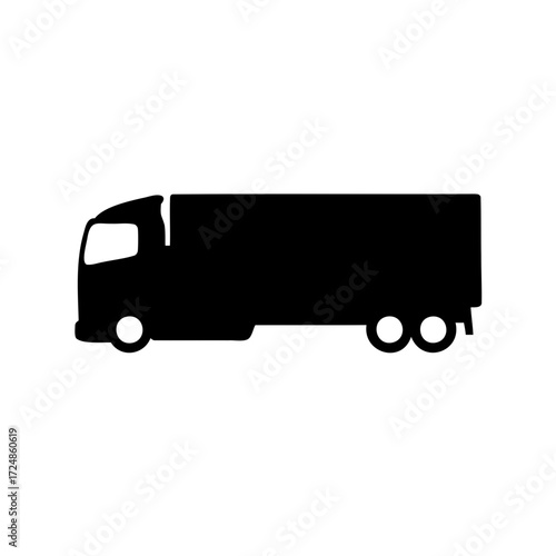 Black and white vector silhouette illustration of a large cargo transport truck