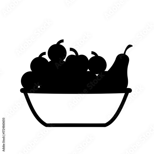 Black silhouette of a bowl filled with apples and a pear