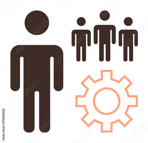 Large individual icon beside group and gear symbolizing leadership, teamwork, productivity, management, collaboration, organization, career growth. Ideal for business, HR coaching roles