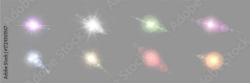 Different colors sunlight lens flare, sun flash with rays and spotlight. Glowing burst explosion on a grey background. Vector illustration.