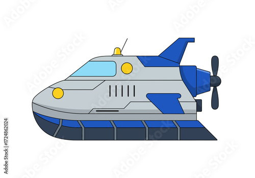 Futuristic gray and blue hovercraft with propeller and lights.