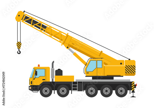 Yellow mobile crane with a long extending arm and a hook for lifting heavy objects.